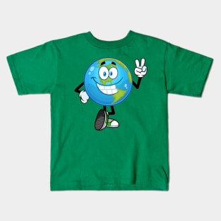 Smiling earth globe cartoon character showing peace hand sign Kids T-Shirt